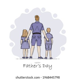 Hand drawn happy father's day. Father is holding his son with the back view