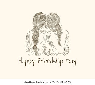 Hand drawn Happy Friendship Day Two Girls Friends Hugging line art style