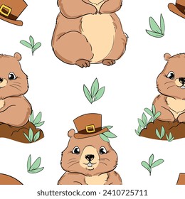 Hand Drawn Happy Groundhog Day seamless pattern vector illustration 