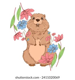 Hand Drawn Happy Groundhog and flowers isolated white background vector illustration 