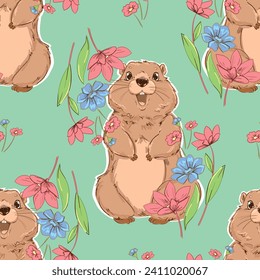 Hand Drawn Happy Groundhog seamless pattern background vector illustration February 2