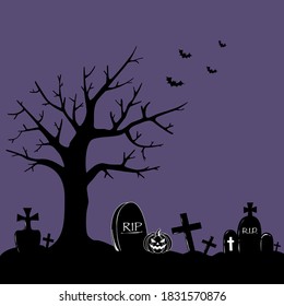 Hand drawn Happy Halloween banner or party invitation background with grave, Pumpkins and flying bats. 