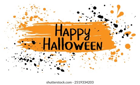 Hand drawn happy halloween banner with orange and black paint splatters for holiday design. Vector illustration