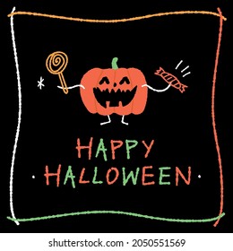 Hand drawn happy halloween greeting with pumpkin. Vector illustration. For a card or invitation.