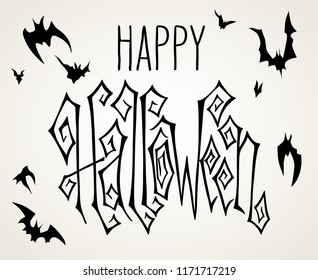 Hand drawn Happy Halloween holiday greetings with flying bats. Contemporary hand lettering in black and white.