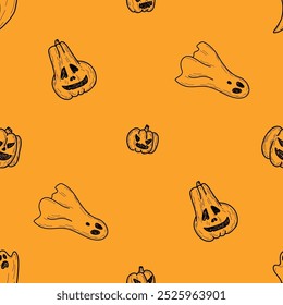 Hand Drawn Happy Halloween holiday Seamless Pattern. Pumpkin, Ghost, Bat, Skull Sketchy style vector Wallpaper Orange repeat design for fabric print.