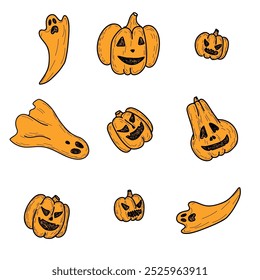 Hand Drawn Happy Halloween holiday Objects set. Pumpkin, Ghost, Bat, Skull Sketch style vector