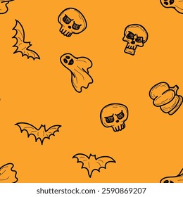 Hand Drawn Happy Halloween holiday Seamless Pattern. Pumpkin, Ghost, Bat, Skull Sketchy style vector orange and black Wallpaper