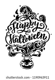 Hand drawn Happy Halloween lettering with a magic bottle potion. Vector illustration can be used as a greeting card, poster or print. EPS 10. Black drawing isolated on white background