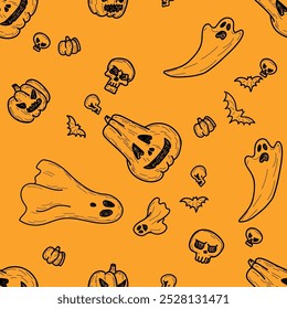 Hand Drawn Happy Halloween orange holiday Seamless Pattern. Pumpkin, Ghost, Bat, Skull Sketchy style vector