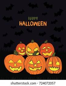 Hand drawn happy Halloween pumpkins  Illustration with 'Happy Halloween' text  on dark background with bats flying around
