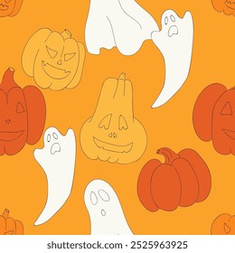 Hand Drawn Happy Halloween Seamless Pattern. Pumpkin, Ghost, Bat, Skull Sketchy style vector Wallpaper repeat design for fabric print.