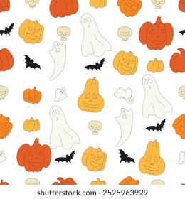 Hand Drawn Happy Halloween Seamless Pattern. Pumpkin, Ghost, Bat, Skull Cartoon vector Wallpaper repeat design for fabric print.