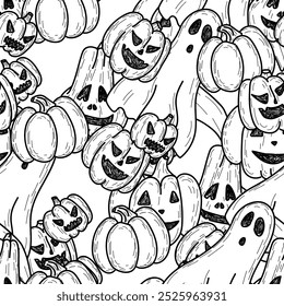 Hand Drawn Happy Halloween Seamless Pattern black and white background. Pumpkin, Ghost, Bat, Skull Sketch doodle illustration