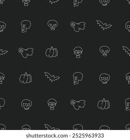 Hand Drawn Happy Halloween Seamless Pattern white on black background. Pumpkin, Ghost, Skull Sketch style vector