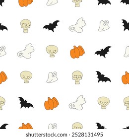 Hand Drawn Happy Halloween Seamless Pattern. Pumpkin, Ghost, Bat, Skull Sketch illustration