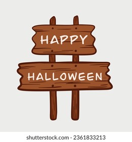 Hand drawn Happy Halloween Wooden Board on white background. For Banner and Poster Element Decoration Holiday Halloween. Vector illustration