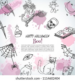 Hand drawn happy halloweencardtemplate. Horror poster background. Spooky party invitation Vector