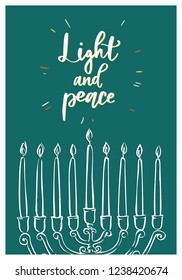 Hand drawn Happy Hanukkah card with candles and sign 