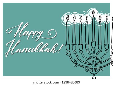 Hand drawn Happy Hanukkah card with candles and sign 