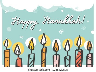 Hand drawn Happy Hanukkah card with candles and sign 