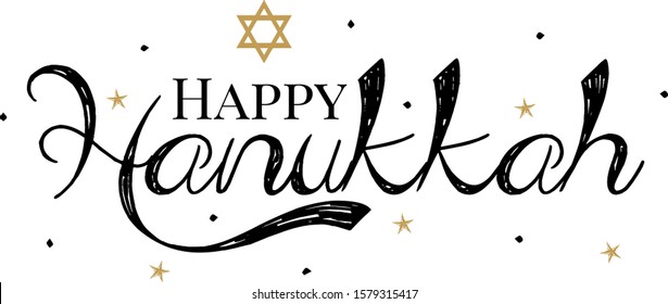 Hand drawn Happy Hanukkah lettering typography poster. Celebration text on isolated background for postcard, icon, logo or badge. Vector vintage style calligraphy EPS10