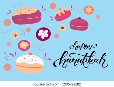 Hand drawn HAPPY HANUKKAH typography poster. Celebration quotation for card, postcard, logo, badge. White lettering on blue background with donut. Vector illustration
Cartoon style illustration.