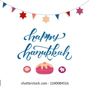 Hand drawn HAPPY HANUKKAH typography poster. Celebration quotation for card, postcard, logo, badge. White lettering on blue background with donut. Vector illustration EPS 
Cartoon style illustration.