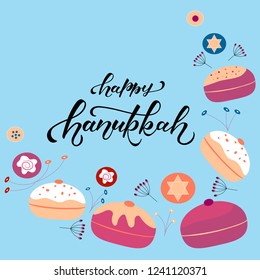 Hand drawn HAPPY HANUKKAH typography poster.Black lettering on blue background with donut. Celebration quotation for card, postcard, logo, badge. Vector illustration EPS 10
