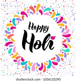 Hand drawn Happy Holi Lettering logotype, badge, icon.Indian Holiday Paints. Party, poster card, invitation. Celebration decorate. Banner on textured background. Feast vector lettering typography. 