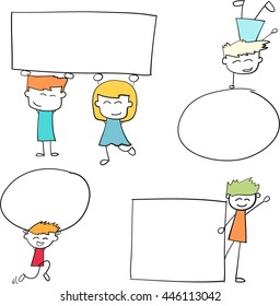 Hand drawn happy kids with speaking bubbles