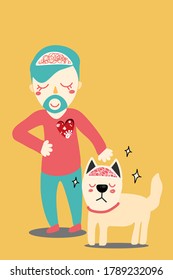 Hand drawn happy man walking with his dog.