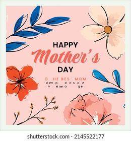 Hand drawn happy mothers day lettering in portuguese  Happy mother's day greeting card floral and flower  Drawing child's hand holding his mother's  Mom   daughter in beautiful clothes