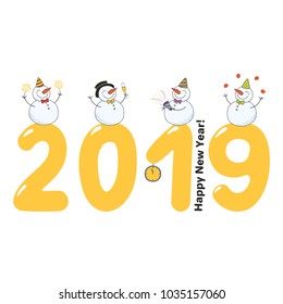 Hand drawn Happy New Year 2019 greeting card, banner template with cute funny cartoon snowmen on big numbers, celebrating, text. Isolated objects. Vector illustration. Design concept.