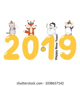 Hand drawn Happy New Year 2019 greeting card, banner template with cute funny cartoon animal on big numbers, celebrating, typography. Isolated objects. Vector illustration. Design concept for party.