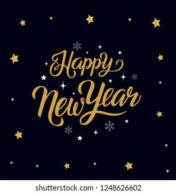 Hand drawn Happy New Year text with small elements like stars and snowflakes. Good option for greeting card, invitation, poster template and etc.