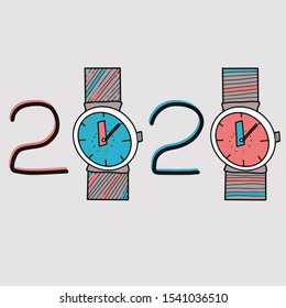 Hand drawn happy new year 2020 text design for decoration of brochure and cards. Doodle vector illustration.