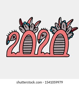 Hand drawn happy new year 2020 text design for decoration of brochure and cards. Flamingo. Doodle vector illustration.