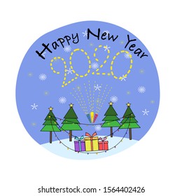 Hand drawn happy new year 2020 with firework, gifts, snow, christmas lights for Christmas day and new year, Doodle cartoon style.