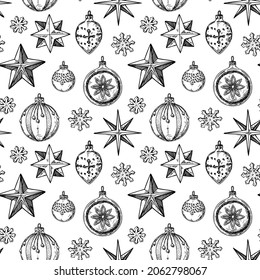 Hand drawn Happy New Year and Merry Christmas seamless pattern with Christmas tree balls and stars. Vector illustration in sketch style