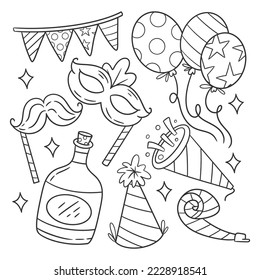 Hand drawn happy new year party element set for coloring