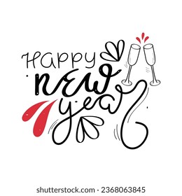 Hand Drawn Happy New Year Calligraphy Text Vector Design.