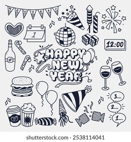 hand drawn happy new year doodles collection