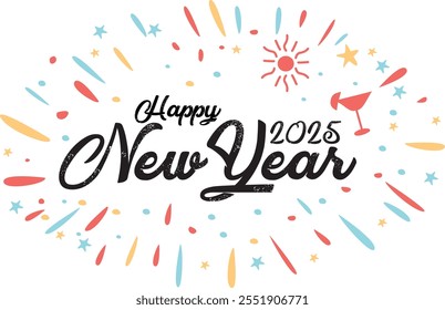 Hand drawn of Happy New Year 2025. Holiday Vector Illustration With Lettering and Composition 