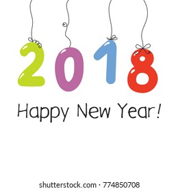 Hand drawn Happy New Year 2018 greeting card, banner template with numbers hanging on the strings. Isolated objects on white background. Vector illustration. Design concept for celebration.