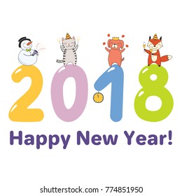 Hand drawn Happy New Year 2018 greeting card, banner template with cute funny cartoon animals celebratingstanding on big numbers, text. Isolated objects. Vector illustration. Design concept for party.