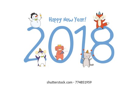 Hand drawn Happy New Year 2018 greeting card, banner template with big numbers, cute funny cartoon animals celebrating, typography. Isolated objects. Vector illustration. Design concept for party.