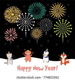 Hand drawn Happy New Year greeting card, banner template with cute funny cartoon animals celebrating, fireworks in the sky, text. Isolated objects. Vector illustration. Design concept for party.