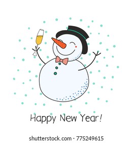 Hand drawn Happy New Year greeting card with cute funny cartoon snowman with a glass of champagne, text. Isolated objects on white background. Vector illustration. Design concept party, celebration.