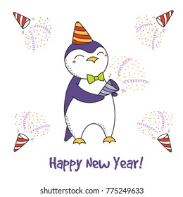Hand drawn Happy New Year greeting card with cute funny cartoon penguin with a party popper, typography. Isolated objects on white background. Vector illustration. Design concept for celebration.